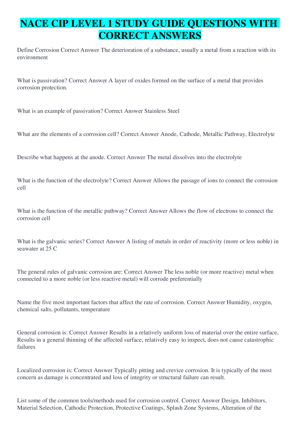 Preview image for NACE CIP LEVEL 1 STUDY GUIDE QUESTIONS WITH CORRECT ANSWERS